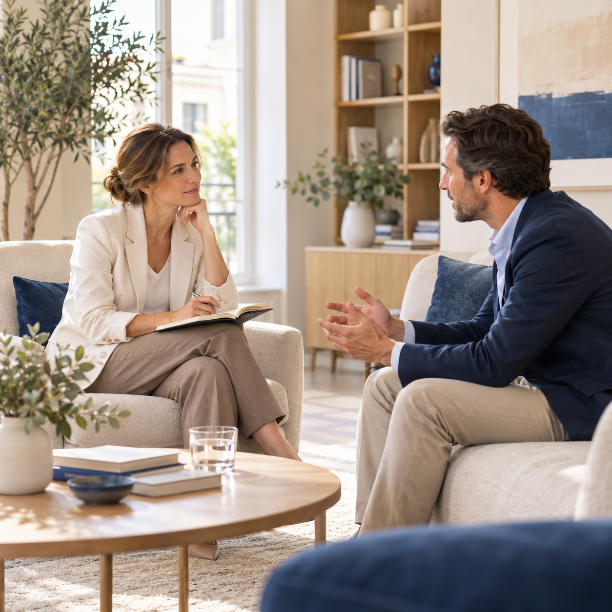 A coaching conversation, AI illustration